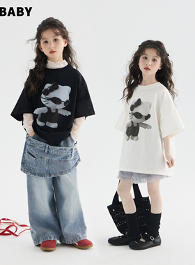 【亲子】童装女童短袖T恤春夏季新款韩版儿童宽松卡通墨镜猫纯色T