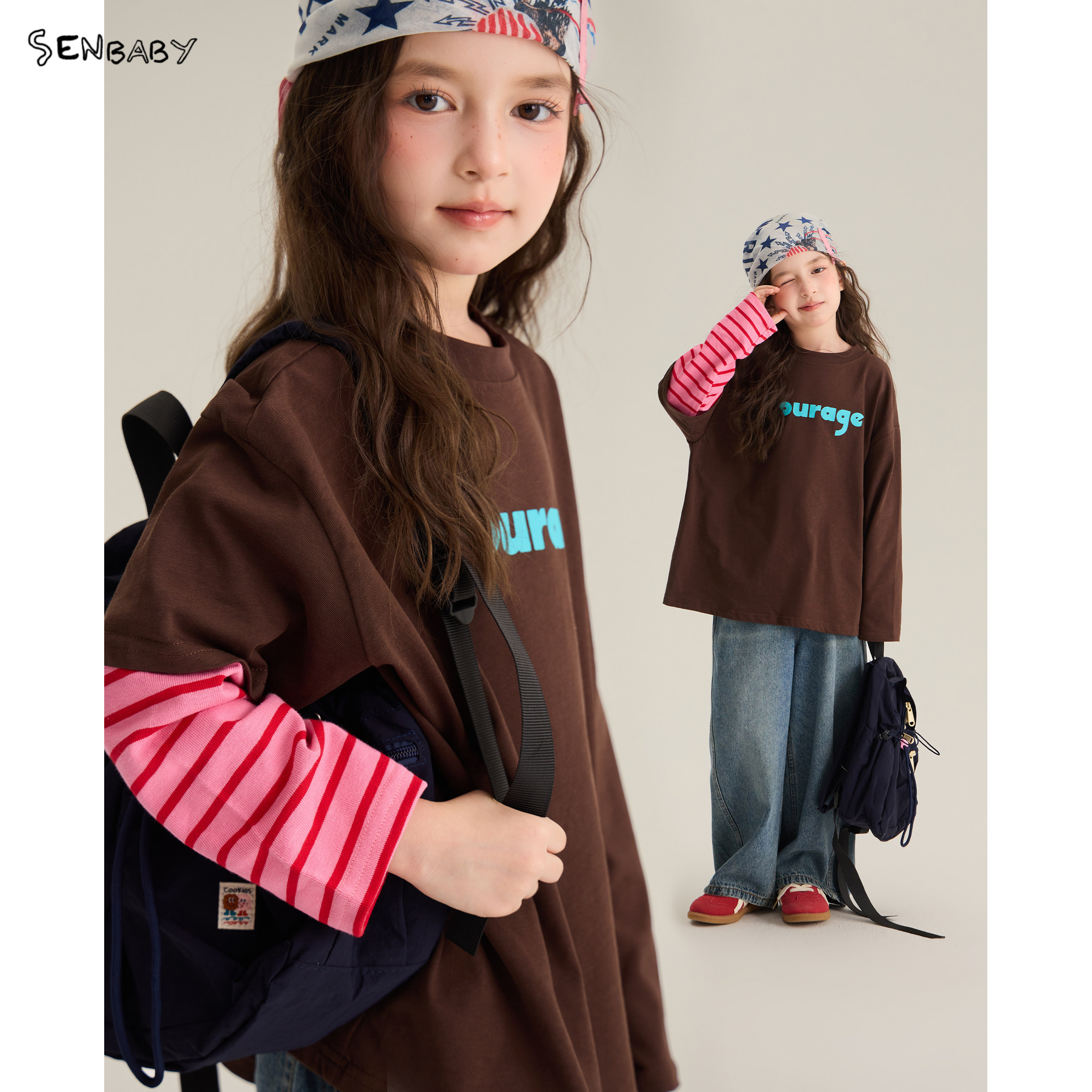 【现货】senbaby童装女童长袖体恤韩版设计感儿童上衣撞色字母T恤图片
