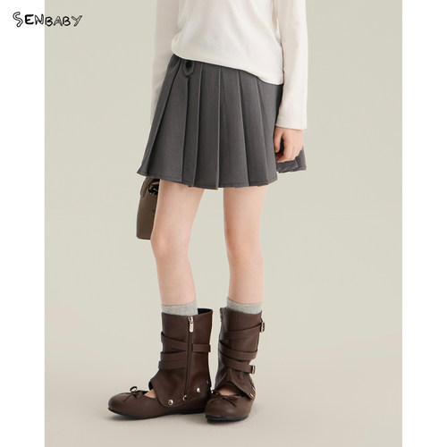 【现货】senbaby童装女童半身裙韩版新款A字裙儿童短裙灰色百褶裙
