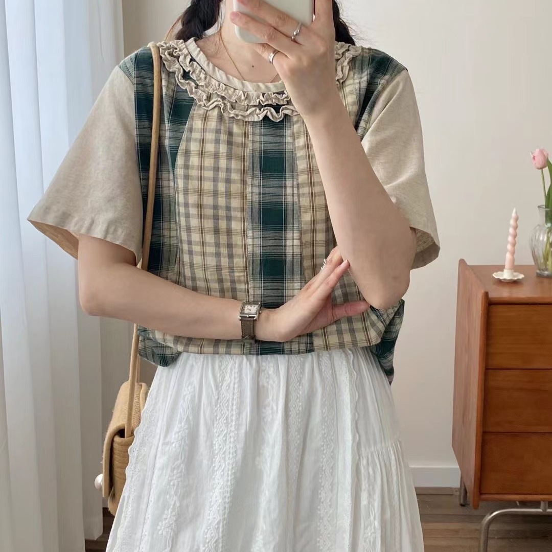 日系百搭木耳边圆领格子拼接短袖衬衫女夏季宽松显瘦棉麻套头小衫