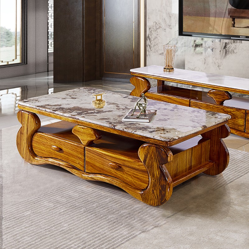 乌金木大理石茶几新中式高端别墅客厅家用实木茶几电视柜组合茶台