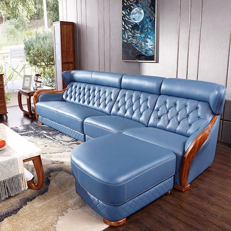 新中式乌金木真皮沙发贵妃转角实木组合家具现代极简头层牛皮沙发