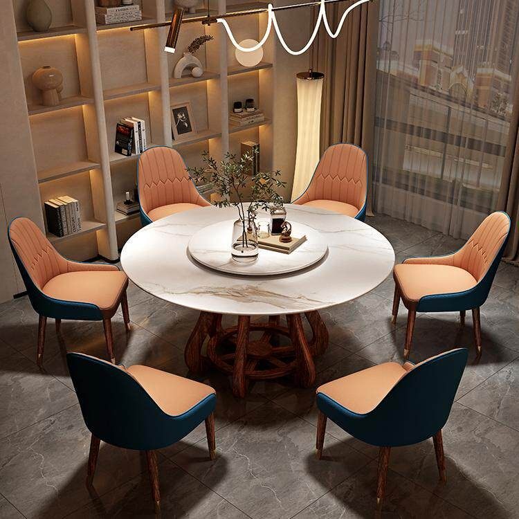 新中式乌金木大理石圆餐桌简约现代轻奢实木圆餐桌饭桌1桌6椅组合