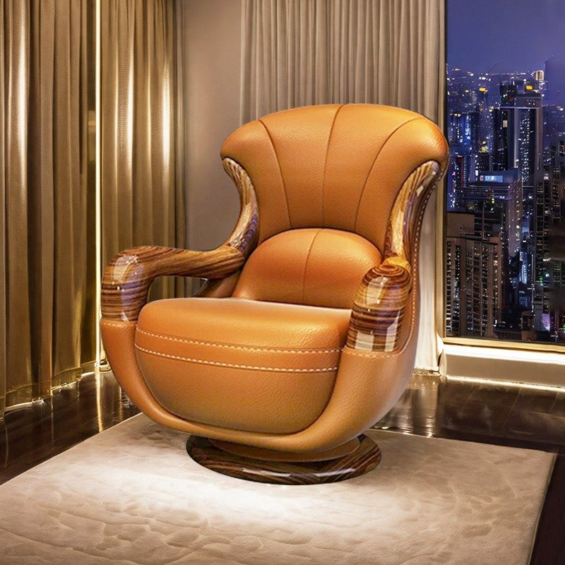乌金木单人沙发椅可旋转休闲实木客厅阳台卧室高靠背真皮简约现代