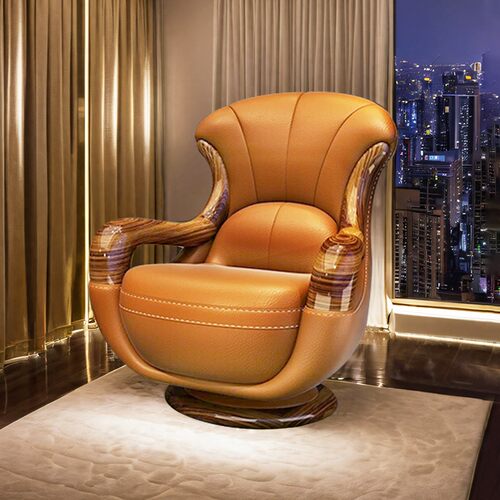 乌金木单人沙发椅可旋转休闲实木客厅阳台卧室高靠背真皮简约现代