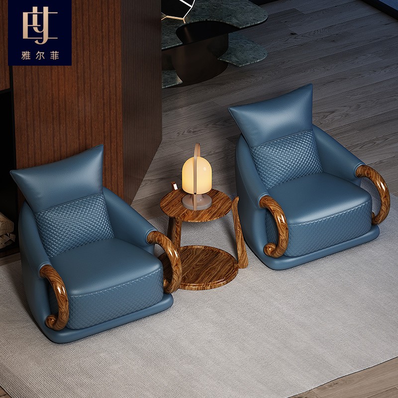 乌金木新中式休闲椅实木真皮单人椅设计师沙发高背椅老虎椅旋转椅