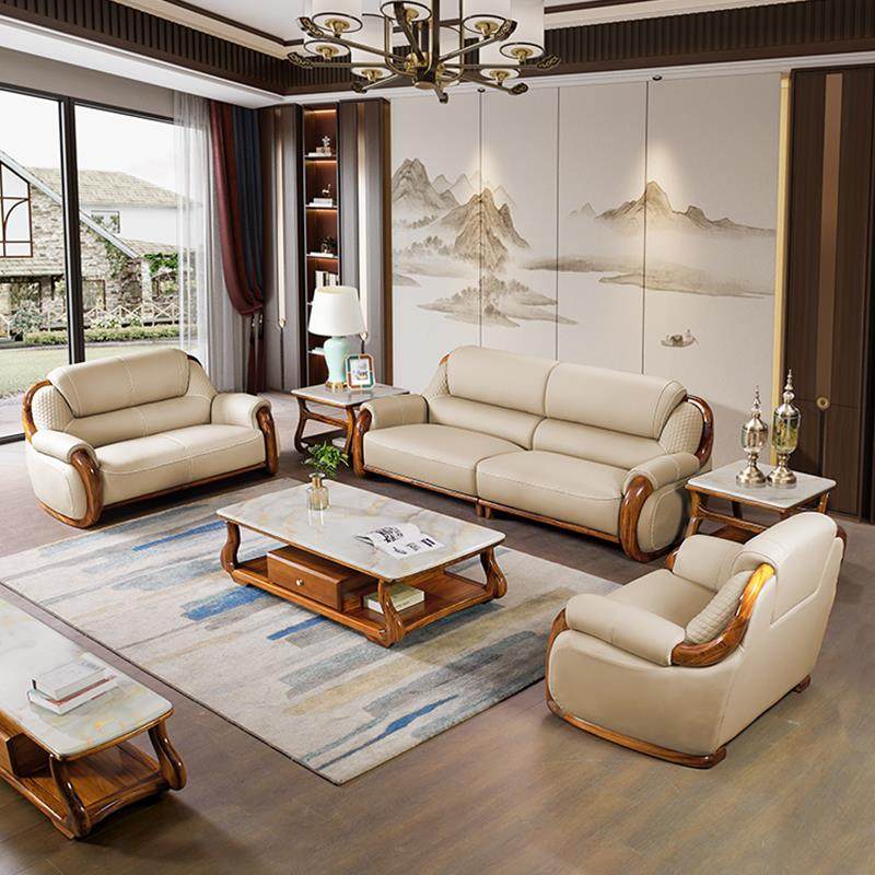 现代轻奢乌金木真皮沙发新中式家用客厅高档别墅实木皮艺直排沙发