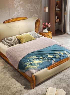 新中式乌金木真皮床双人实木大床家用客床高端豪华别墅主卧室婚床