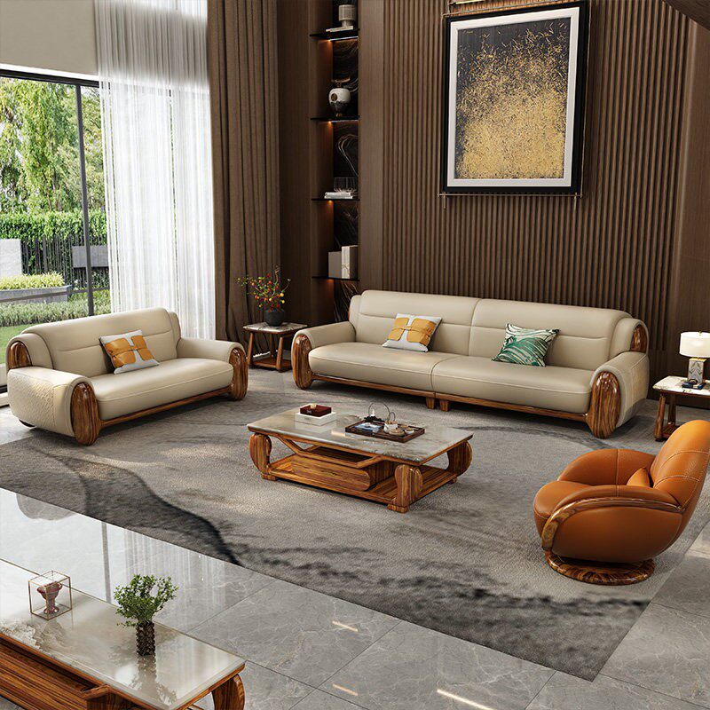 现代简约真皮沙发实木框架米色三人位客厅家具厚实耐用