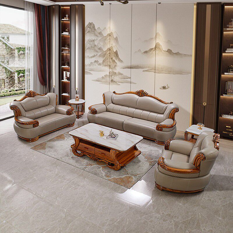新中式乌金木真皮沙发客厅家用高端别墅实木头层牛皮沙发U型组合