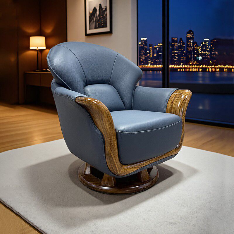 乌金木单人沙发椅可旋转休闲实木客厅阳台卧室高靠背真皮简约现代