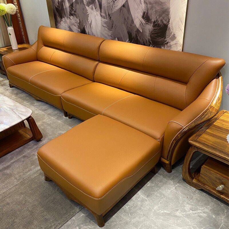 现代轻奢新中式乌金木头层牛皮实木贵妃转角沙发客厅休闲组合家具