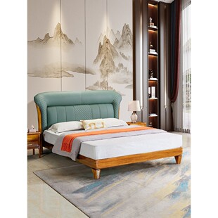 乌金木真皮床现代简约1.8米全实木双人床新中式实木卧室软包婚床