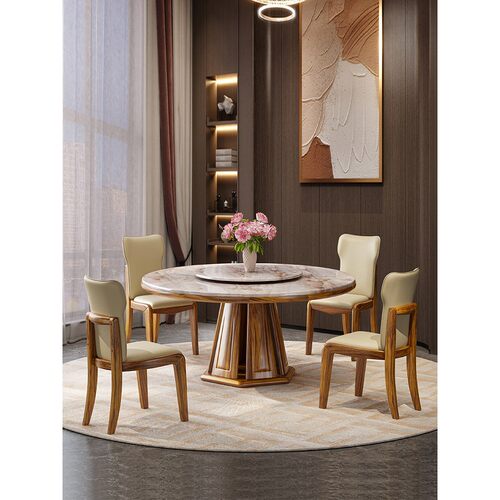 特价新款乌金木圆形餐桌椅组合新中式家用大理石台面饭桌带转盘