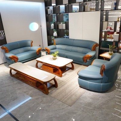 2024新款乌金木真皮沙发茶几电视柜组合三件套别墅客厅实木新中式
