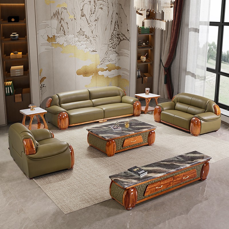 欧式乌金木真皮沙发新中式高端豪华客厅现代简约家用实木家具组合