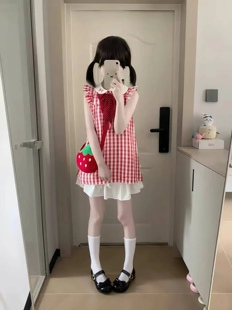 2026夏季新款清新小飞袖格子甜美公主裙闺蜜双子款连衣裙甜美套装