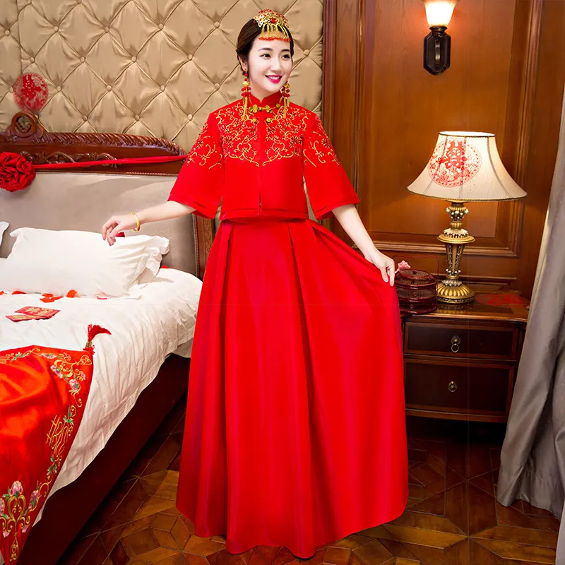 秀禾服新娘结婚婚服胖mm遮肚子旗袍