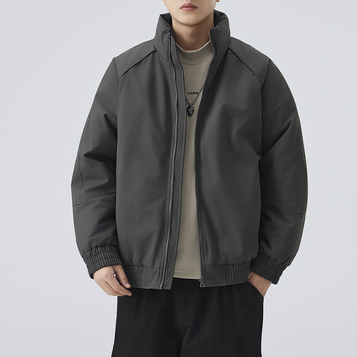 宅男社秋冬装新款男士深灰色休闲棉服冬季立领男式棉衣纯色大码