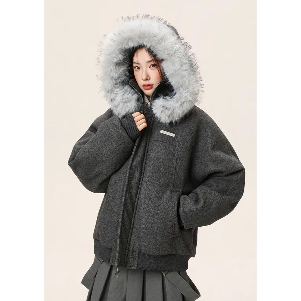 宅男社冬装新款情侣男女生座山雕毛领连帽休闲毛呢拼接秋冬棉服