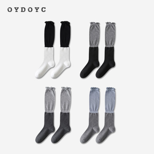 OYDOYC春夏季新款小腿袜日系拼色木耳边女士长筒袜潮流百搭堆堆袜