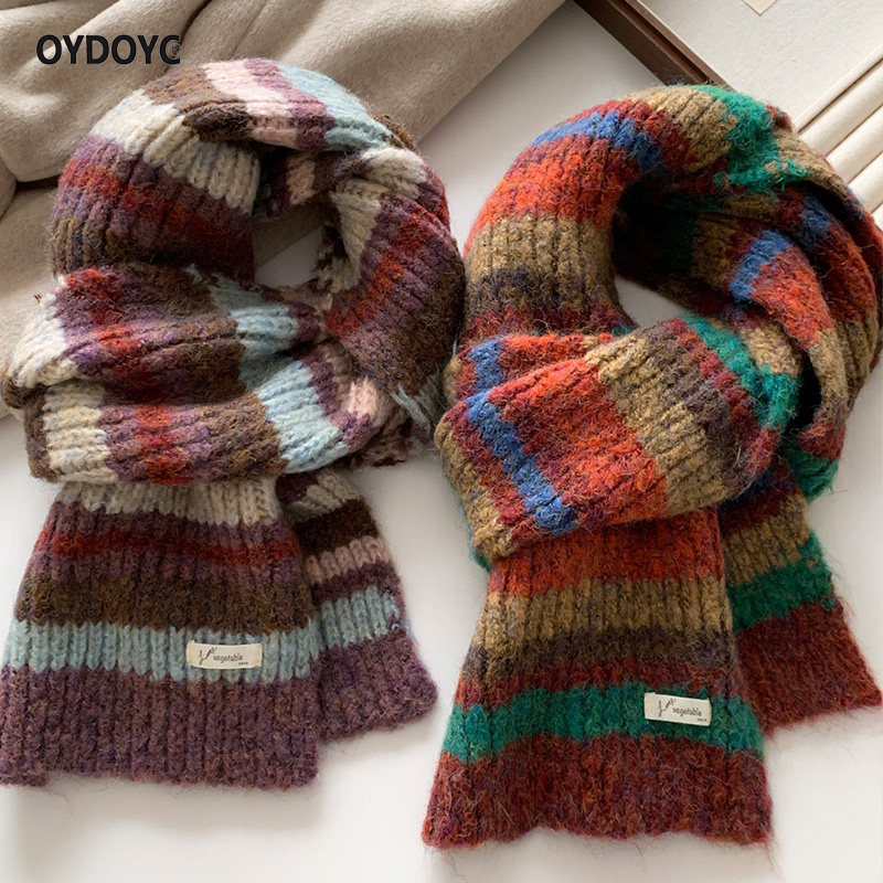 OYDOYC冬季加厚保暖围巾女韩版复古撞色条纹披肩冬天羊毛混纺围脖