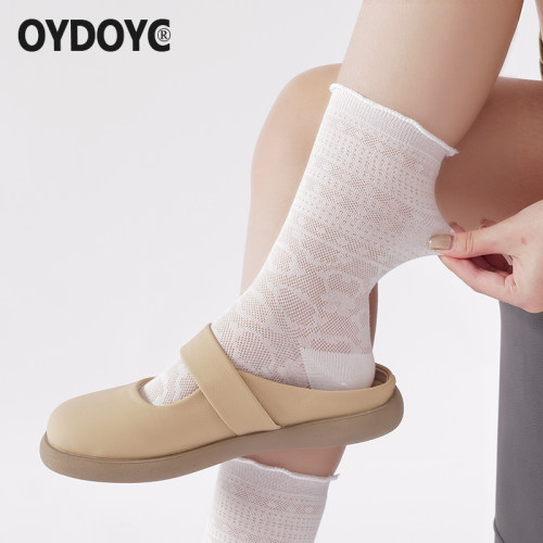 OYDOYC 卷边袜子女夏季网眼薄款透气中筒袜纯棉袜百搭花边堆堆袜