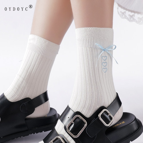 蝴蝶结袜子女中筒袜白色百搭棉袜