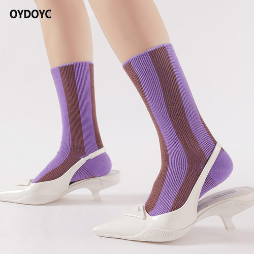 OYDOYC 秋冬紫色条纹中筒袜女彩色撞色拼色御姐ins个性小众长袜潮