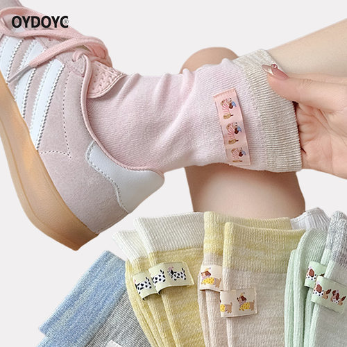 OYDOYC 费尔岛油画棒袜子女中筒袜夏季ins潮百搭日系可爱布标潮袜