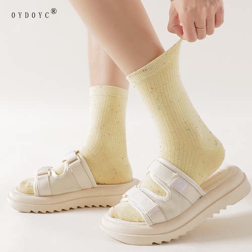 OYDOYC 点子纱抽条日系百搭中筒袜女春夏季学院风浅黄色潮流长袜