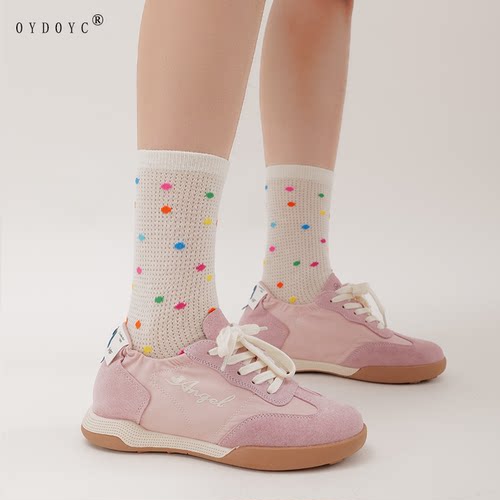OYDOYC 薄款日系细波点长袜女夏天吸汗透气网眼中筒袜糖果色潮袜