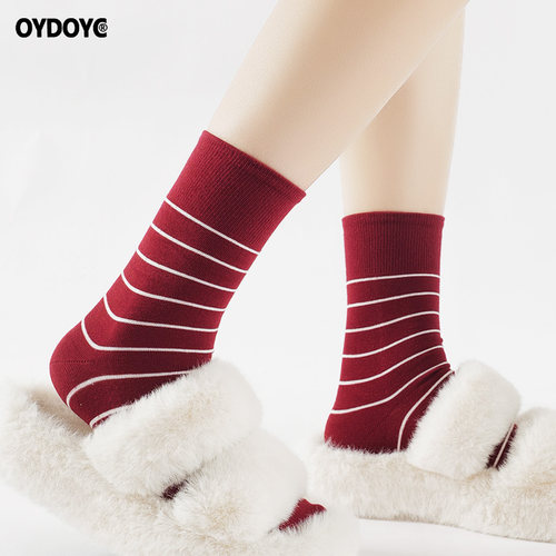 OYDOYC新年过年红色袜子女秋冬安克拉红酒红色条纹中筒袜纯棉长袜