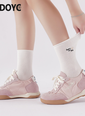 OYDOYC 竖条纹中筒袜子女字母刺绣白色袜纯棉袜可爱笑脸卷边长袜