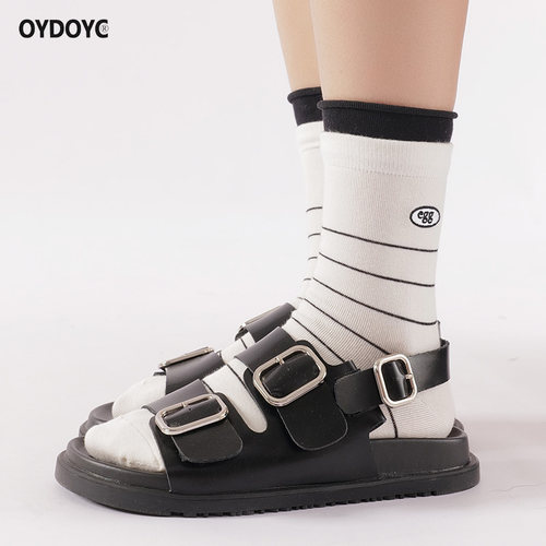 OYDOYC 秋冬韩版刺绣中筒袜女款条纹撞色日系百搭双罗口纯棉长袜