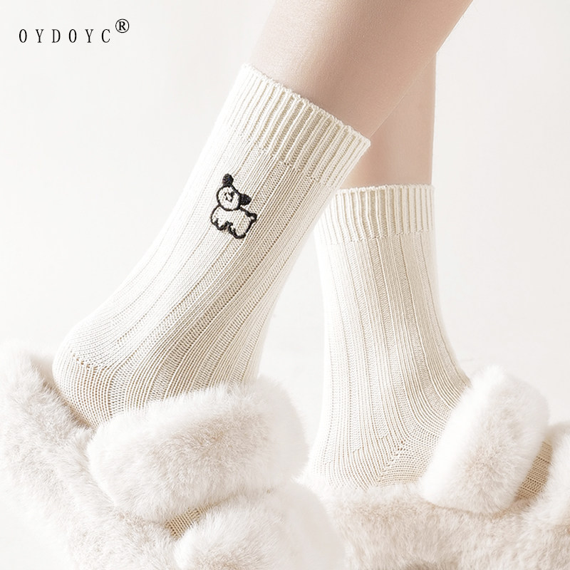 OYDOYC 小狗刺绣中筒袜子女款双针粗线棉袜ins潮可爱白色堆堆长袜