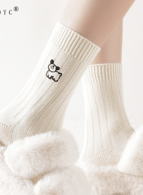 OYDOYC 小狗刺绣中筒袜子女款双针粗线棉袜ins潮可爱白色堆堆长袜