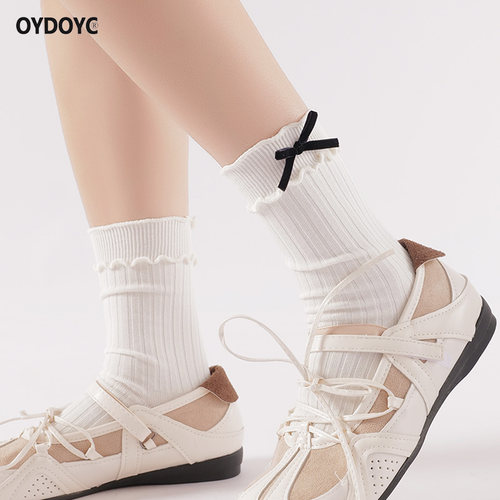 OYDOYC夏薄款纯棉白色蝴蝶结中筒袜女款芭蕾风双针堆堆袜潮流长袜