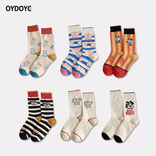 OYDOYC 袜子女中筒袜棉袜春夏款日系ins潮百搭韩版卡通个性长袜潮