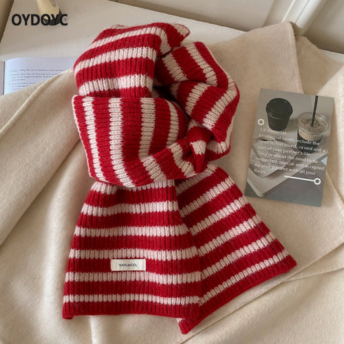 OYDOYC冬季加厚保暖羊毛围巾女款冬天新年过年圣诞红色条纹围脖潮