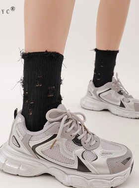 OYDOYC黑色破洞乞丐袜女生个性潮袜无骨精梳棉中筒袜潮流小众长袜