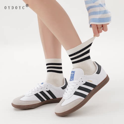 OYDOYC 三条杠条纹中筒袜女生夏季薄款简约百搭棉袜外穿潮袜ins