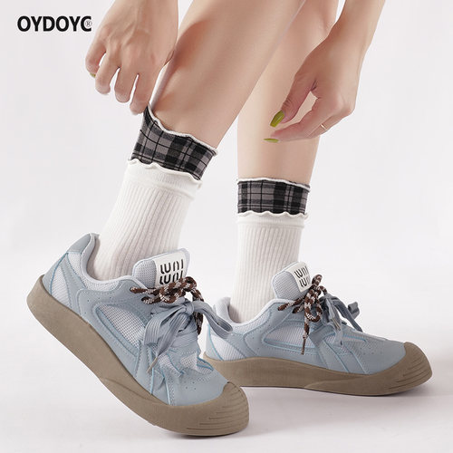OYDOYC原创设计格子木耳边花边中筒袜女款纯棉JK学院风百搭长袜潮