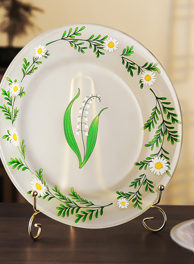 复古磨砂玻璃水果盘中古铃兰印花零食干果盘子客厅装饰家用摆件