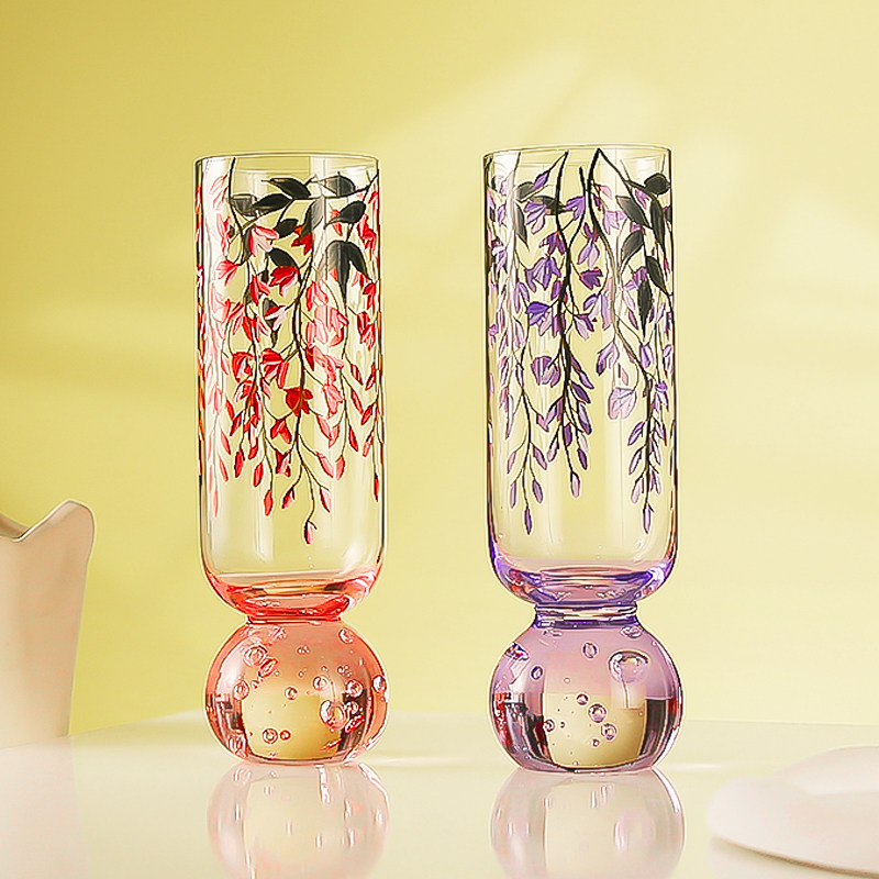 中古杯气泡球球手绘花朵可爱粉紫香槟杯起泡酒杯果汁饮料玻璃水杯