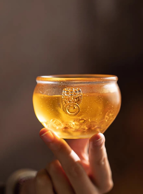 自遇堂复古琉璃聚宝盆主人杯茶杯金色雕花狮子头造型功夫茶具单杯