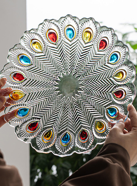 欧式现代玻璃果盘创意孔雀家用客厅茶几瓜子盘大号手绘水果盘子