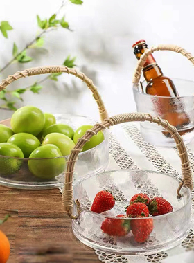 藤编手提篮玻璃水果盘客厅家用轻奢高档零食点心盘子创意日式冰桶