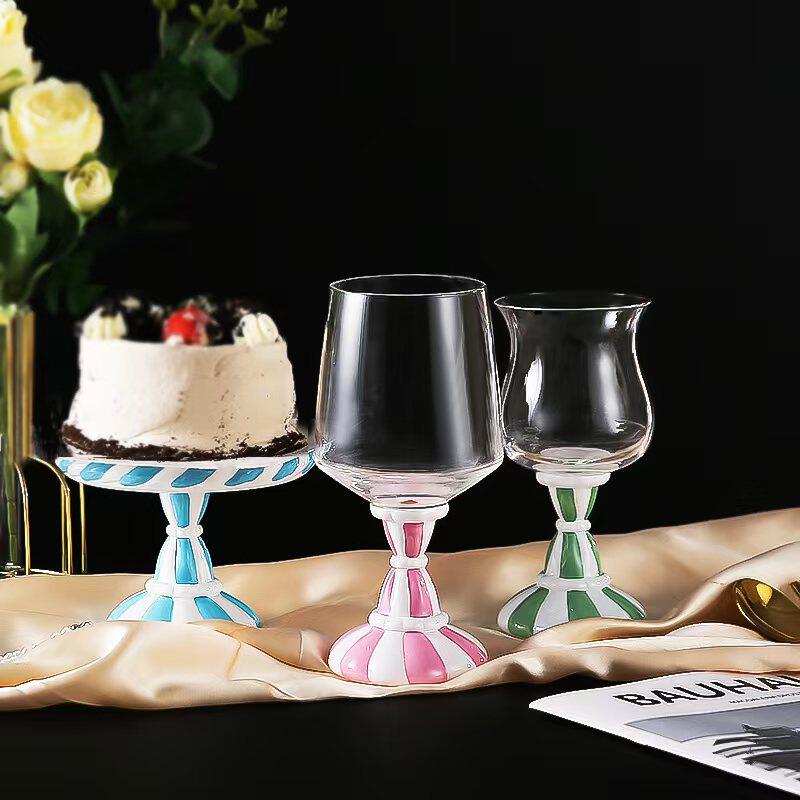 原创水晶玻璃高脚杯彩色棉花糖系列家用香槟红酒杯甜品水果糕点盘