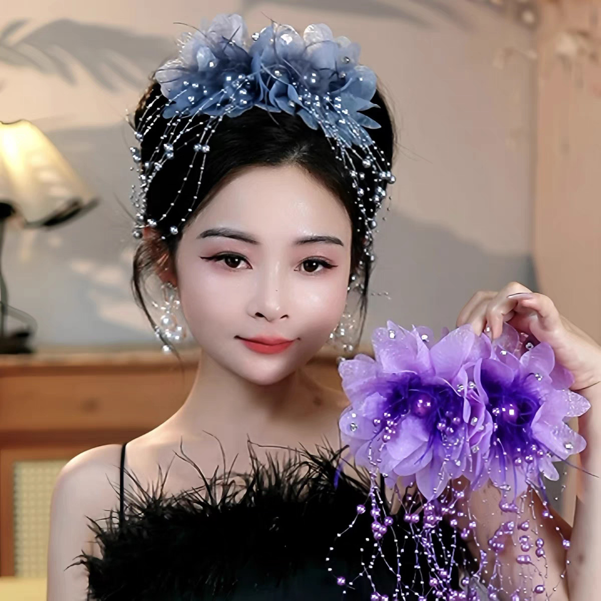 韩式秋冬季新款羽毛花朵抓夹显发量鲨鱼夹复古港风头饰发夹发卡